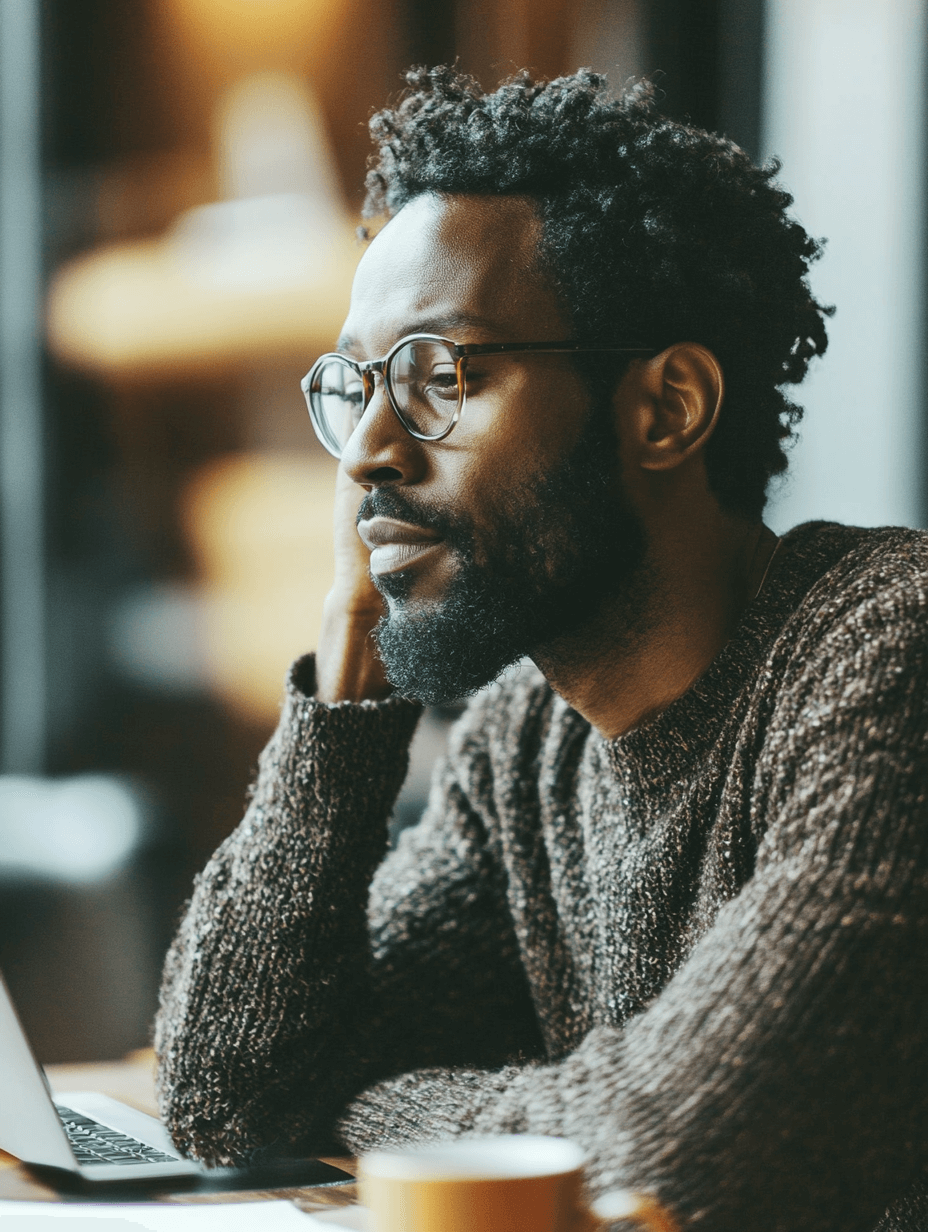 Man feeling overwhelmed by work stress and overthinking at laptop