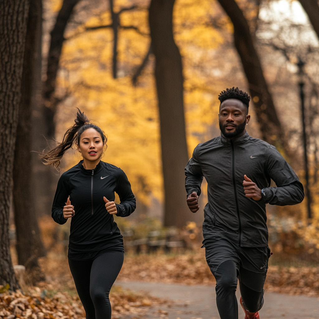 POC couple jogging in the park — representing a healthier life and reduced stress through premarital counseling and therapy support